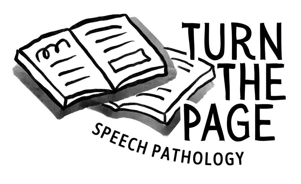 Turn The Page logo, featuring the words TURN THE PAGE SPEECH PATHOLOGY inside a square outline.