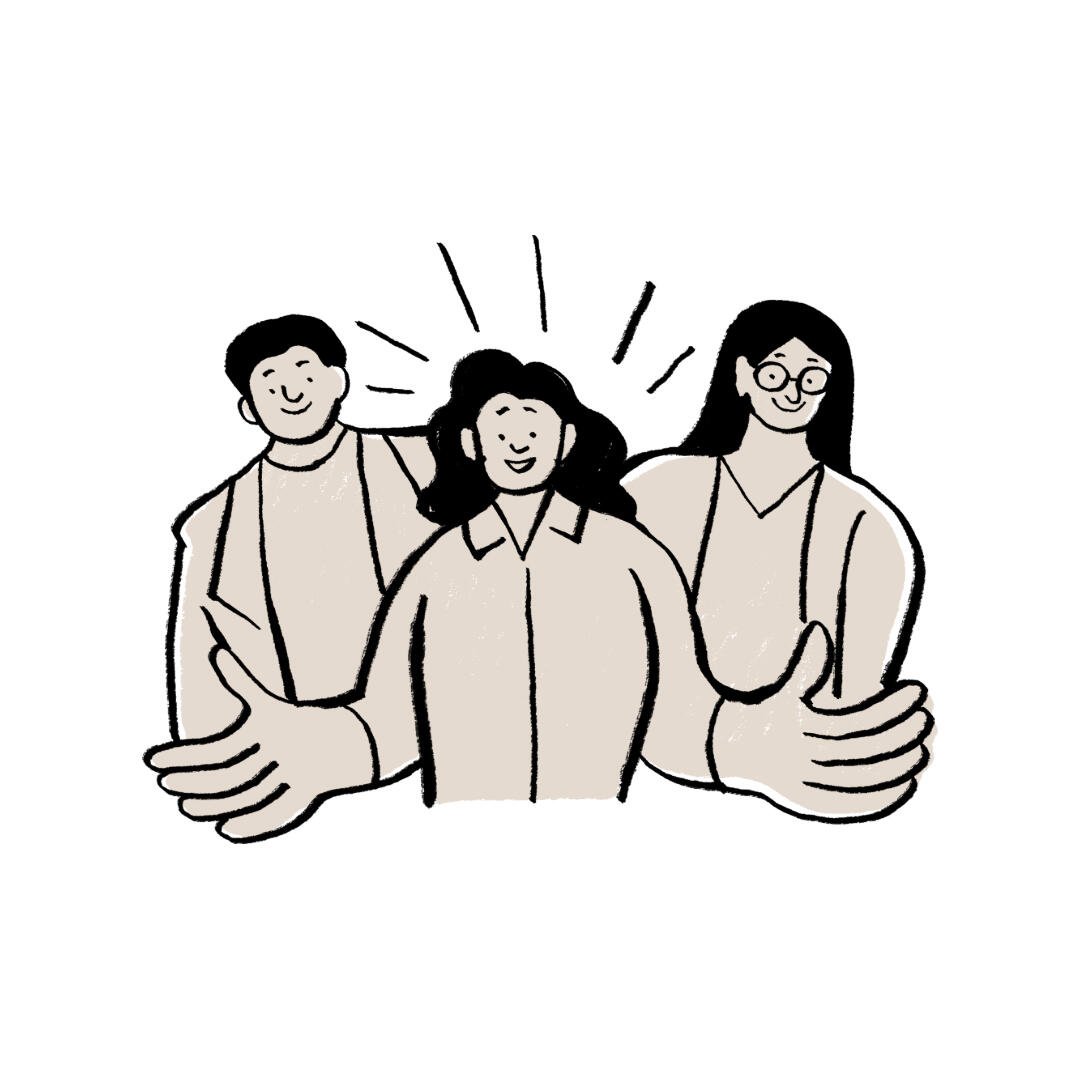 A cartoon image of 3 people standing next to each other and facing forward and smiling, with the middle person holding out their arms in front of them as if they are inviting a hug from the viewer.