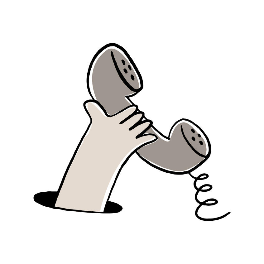 A cartoon image of a hand holding a retro telephone receiver with the spiral cord dangling.