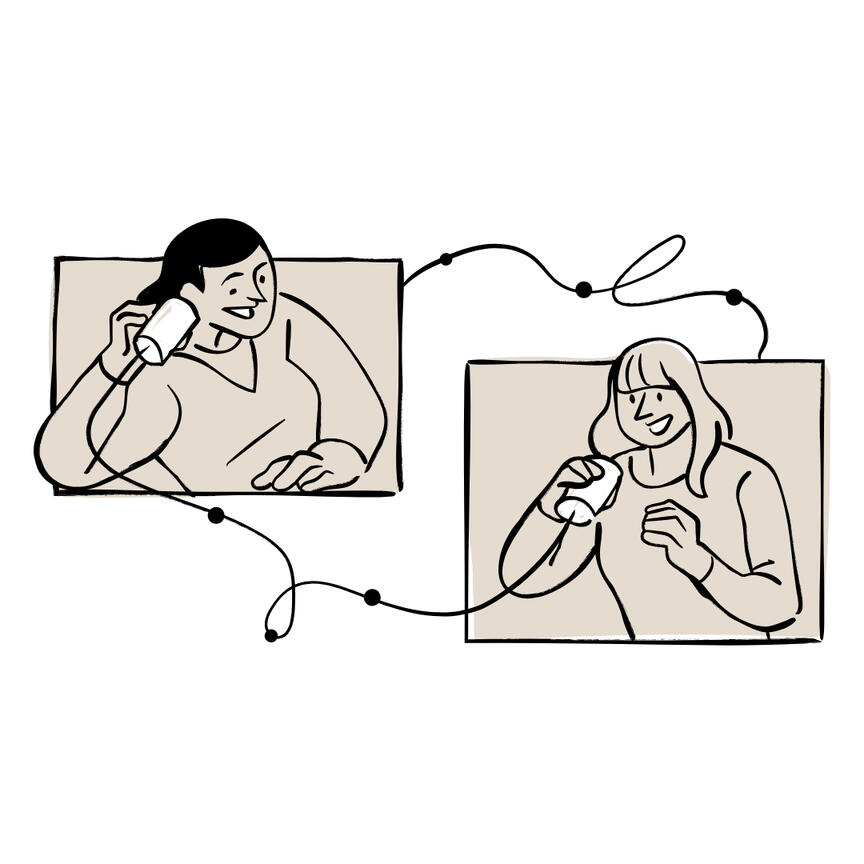 A cartoon image of two women talking on a "tin can telephone".