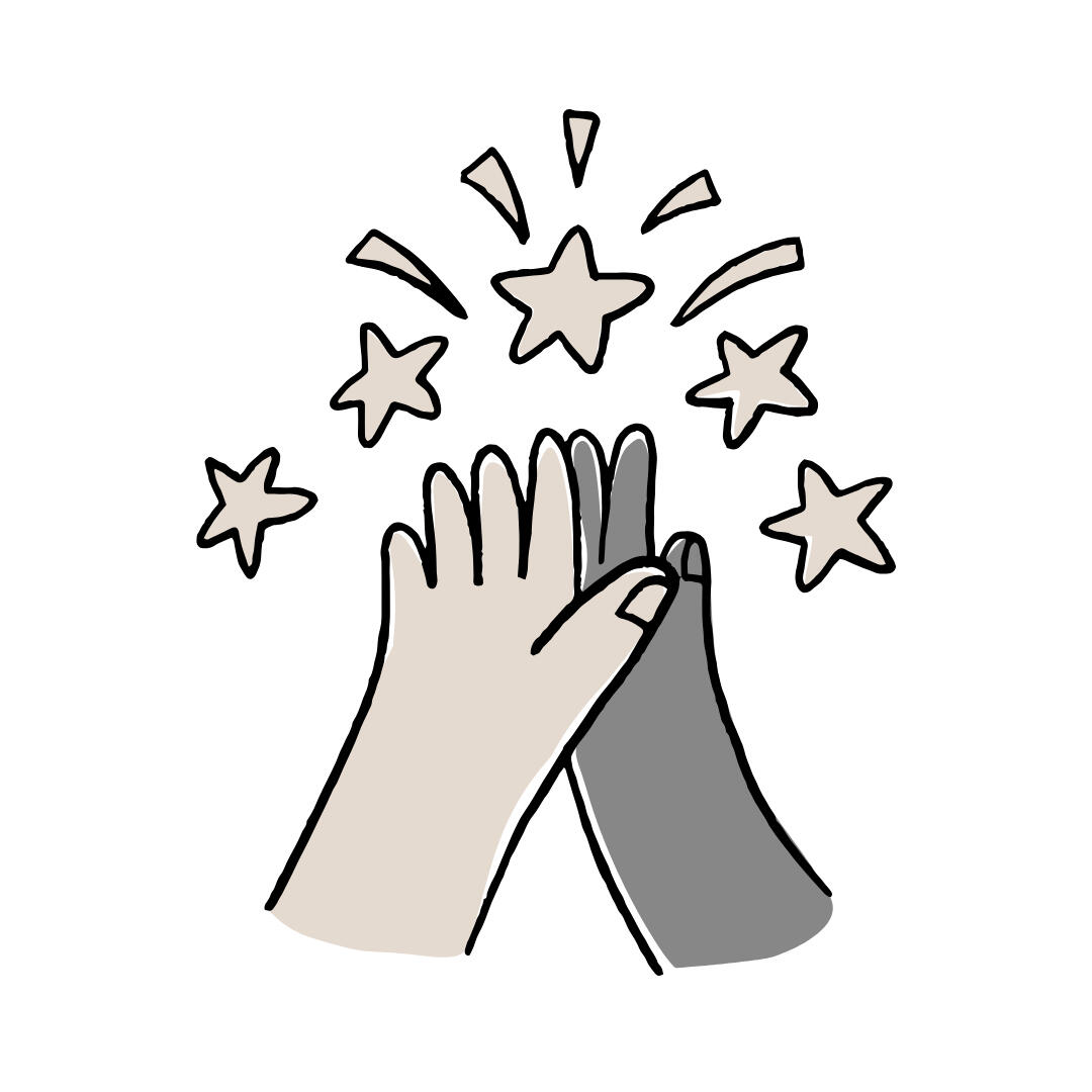 A cartoon image of two hands high-fiving, with 5 stars and decorative lines above them.