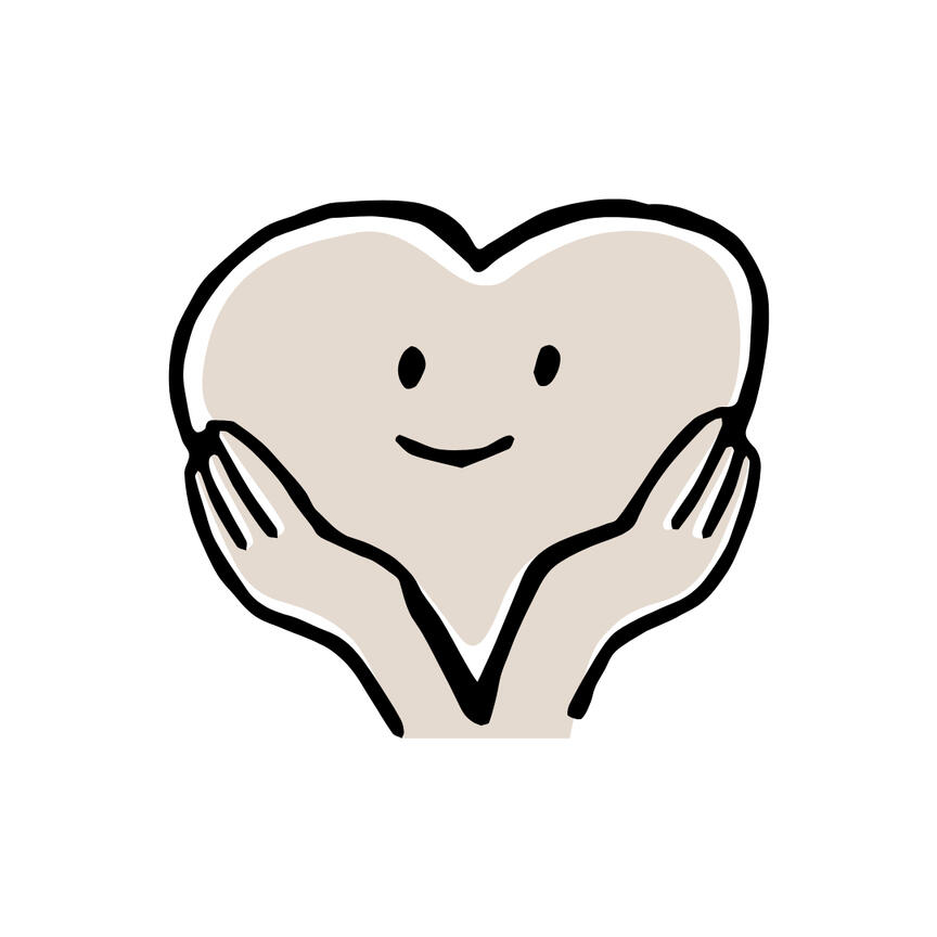 A cartoon image of a heart with a smiling face on it, being held by two open hands.