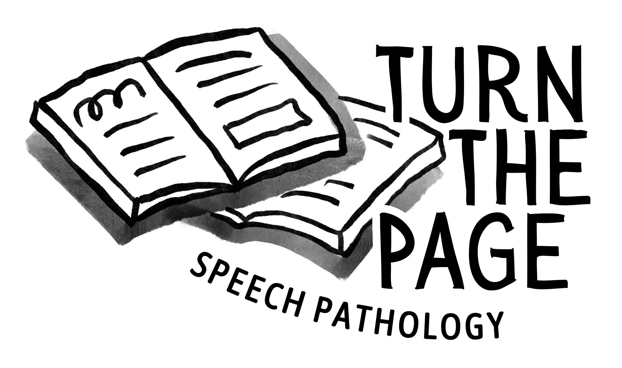 Turn The Page logo, featuring the words TURN THE PAGE SPEECH PATHOLOGY inside a square outline.